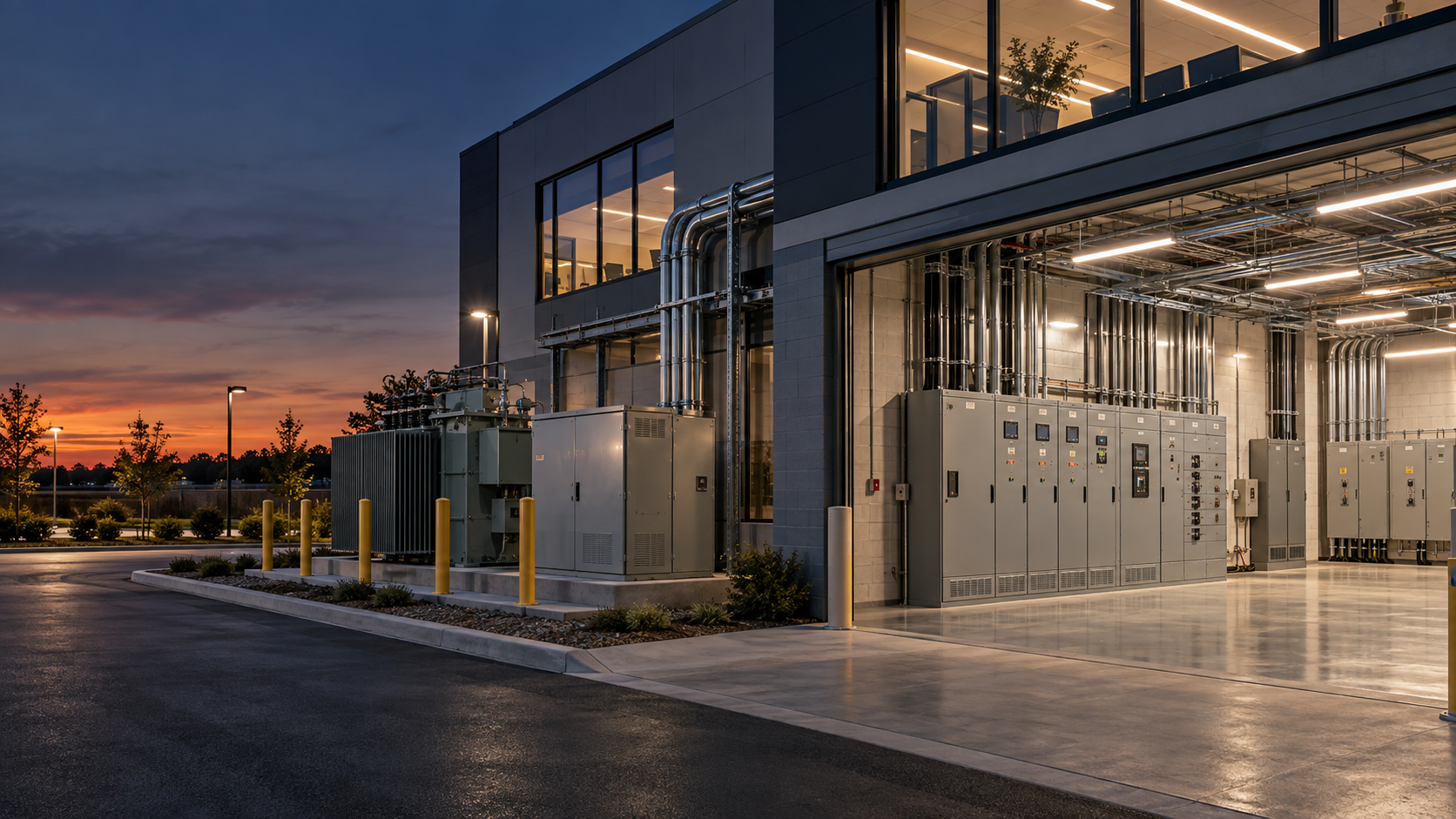 Infraestructura eléctrica exterior e interior de un edificio comercial