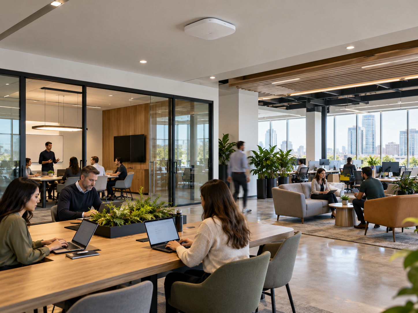Punto de acceso Wi-Fi brindando cobertura en una oficina moderna