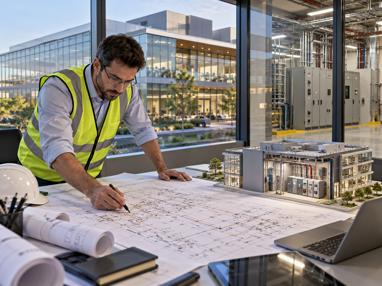 Ingenieros planificando una infraestructura eléctrica segura