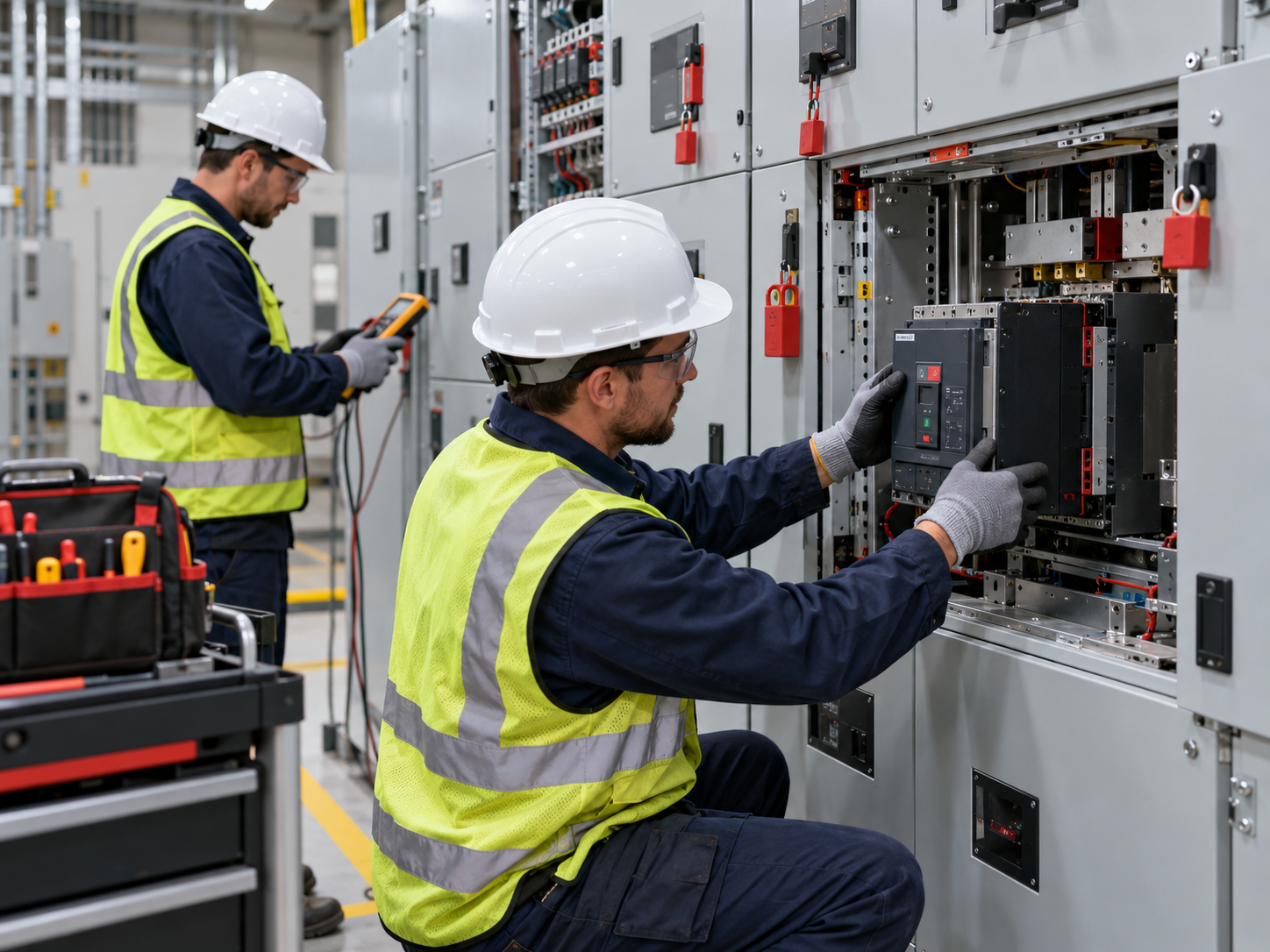 Especialista realizando mantenimiento de una instalación eléctrica comercial
