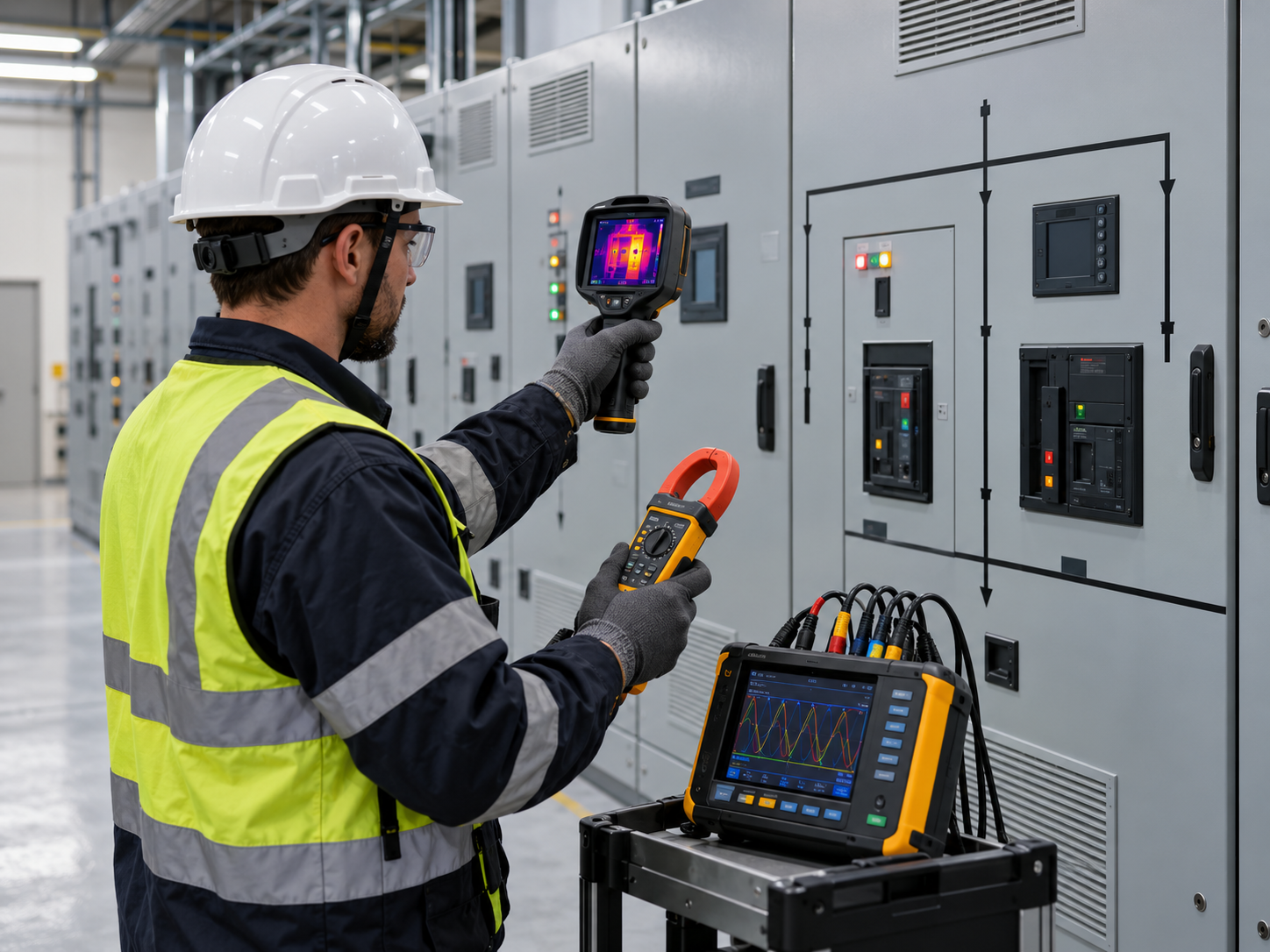 Técnico verificando una instalación eléctrica con instrumentos de medición