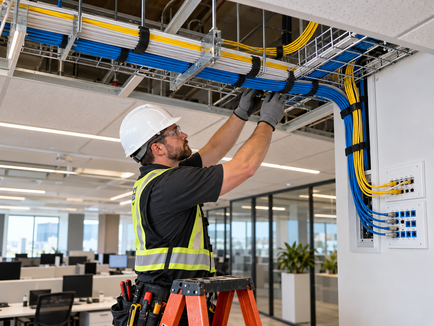 Técnico organizando cableado estructurado en una instalación empresarial