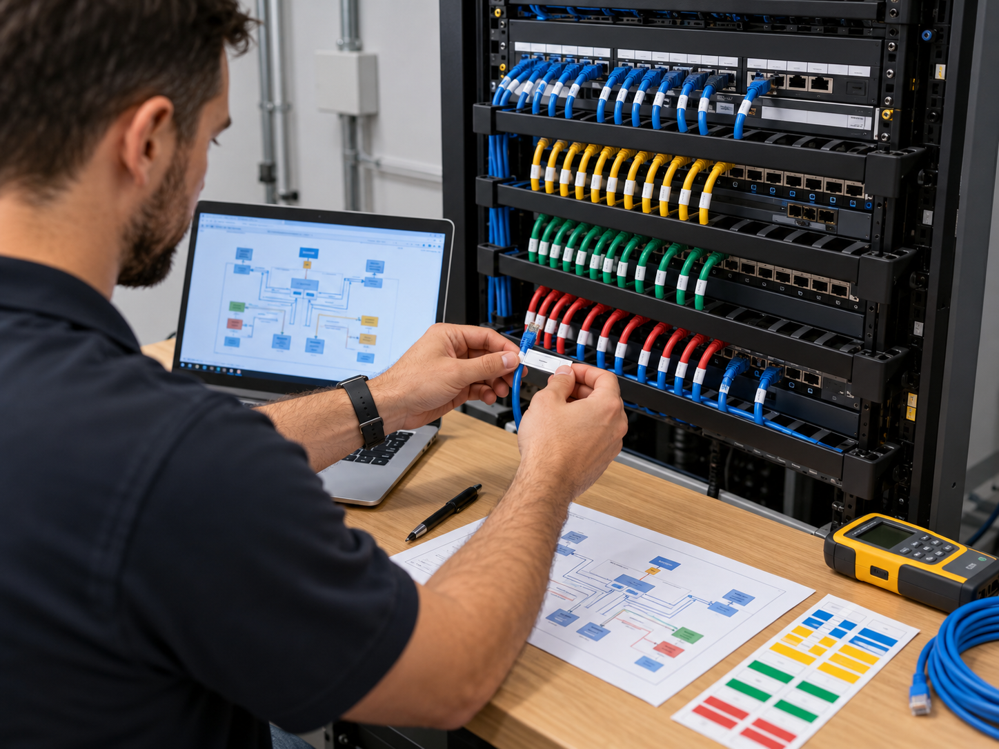 Técnico documentando y etiquetando conexiones de red