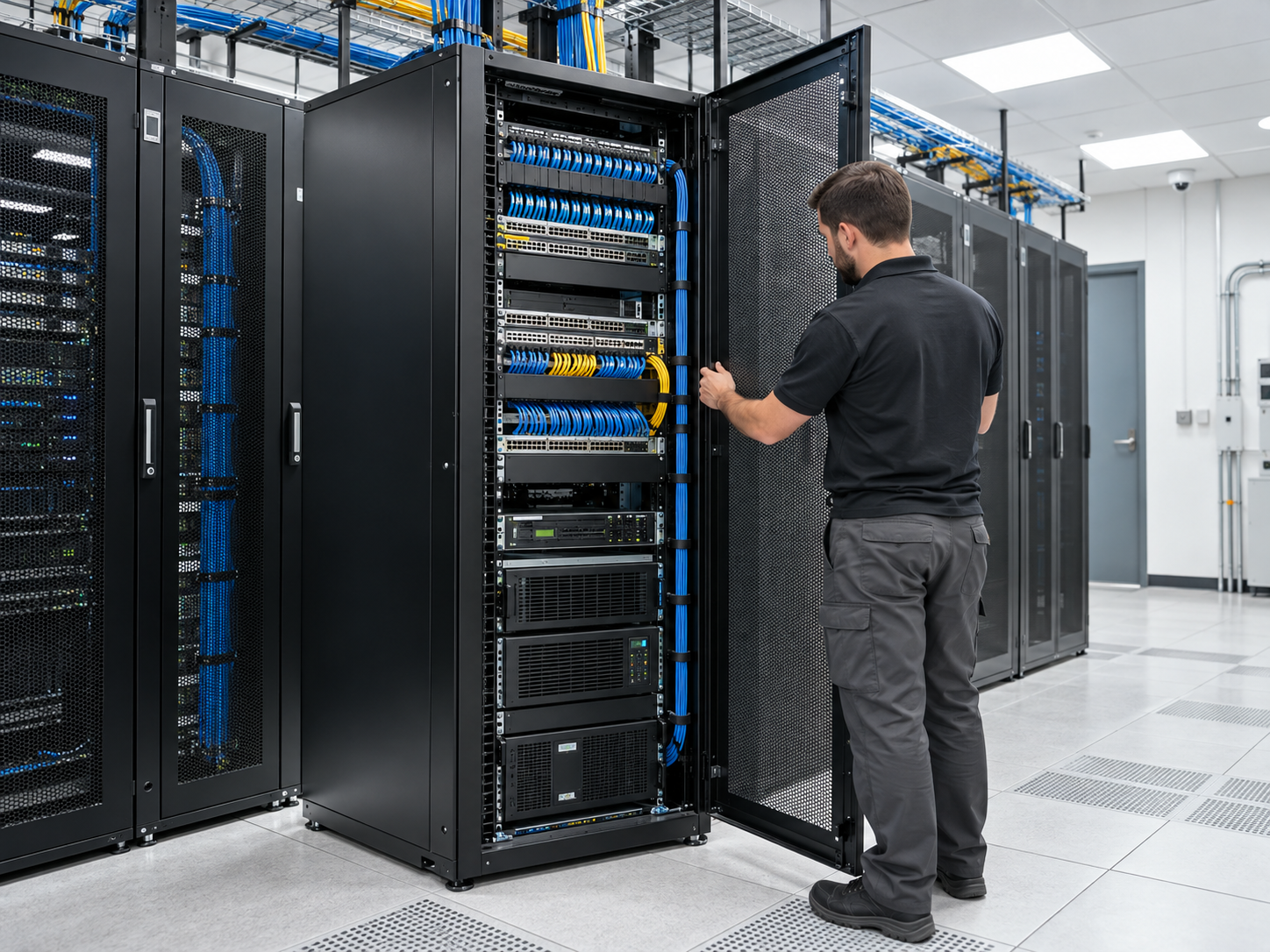 Gabinete de red organizado con equipos y cableado protegidos