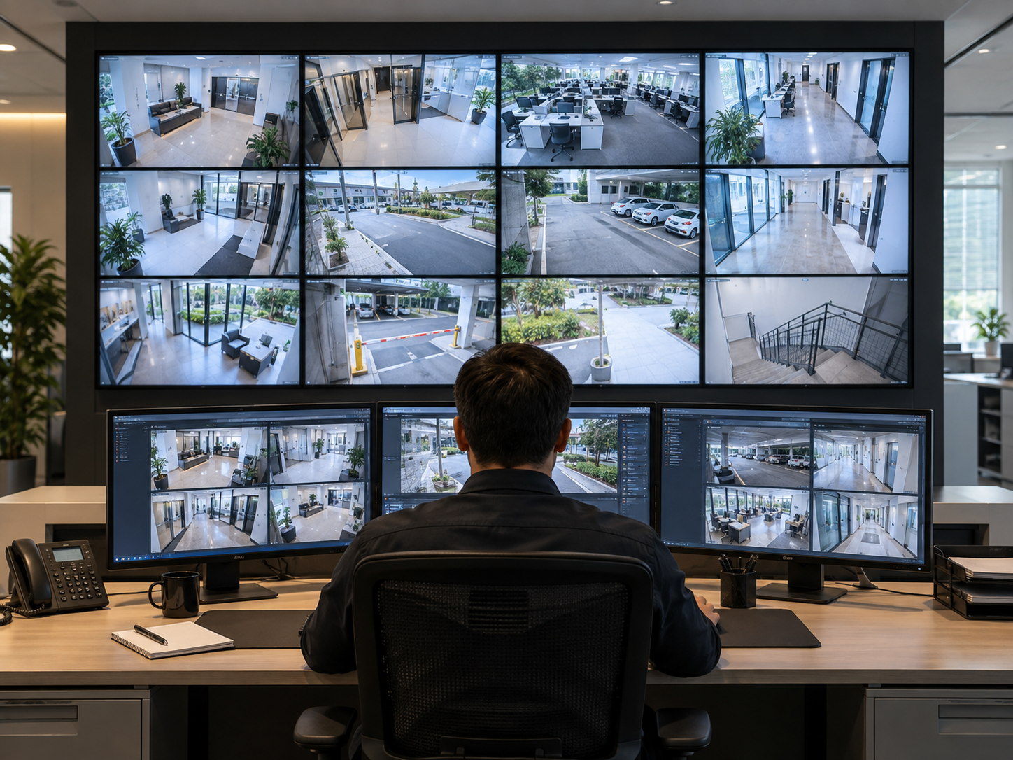 Centro de control con varias pantallas de videovigilancia